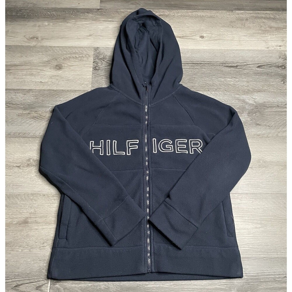 Tommy Hilfiger Womens Fleece Full Zip Hoodie Navy Blue Spellout Jacket Size M